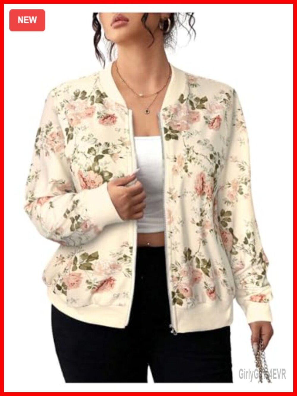 Plus Size Floral Varsity Jacket Zip Up Long Sleeve Bomber Lightweight Office